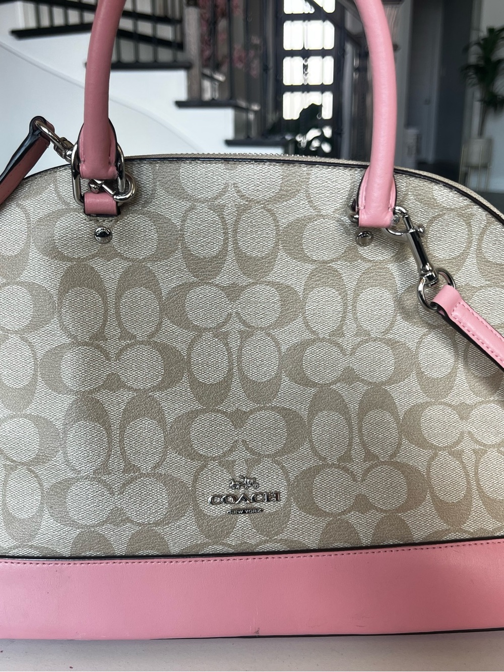 Coach Beige Signature Large Sierra with Pink Trim
